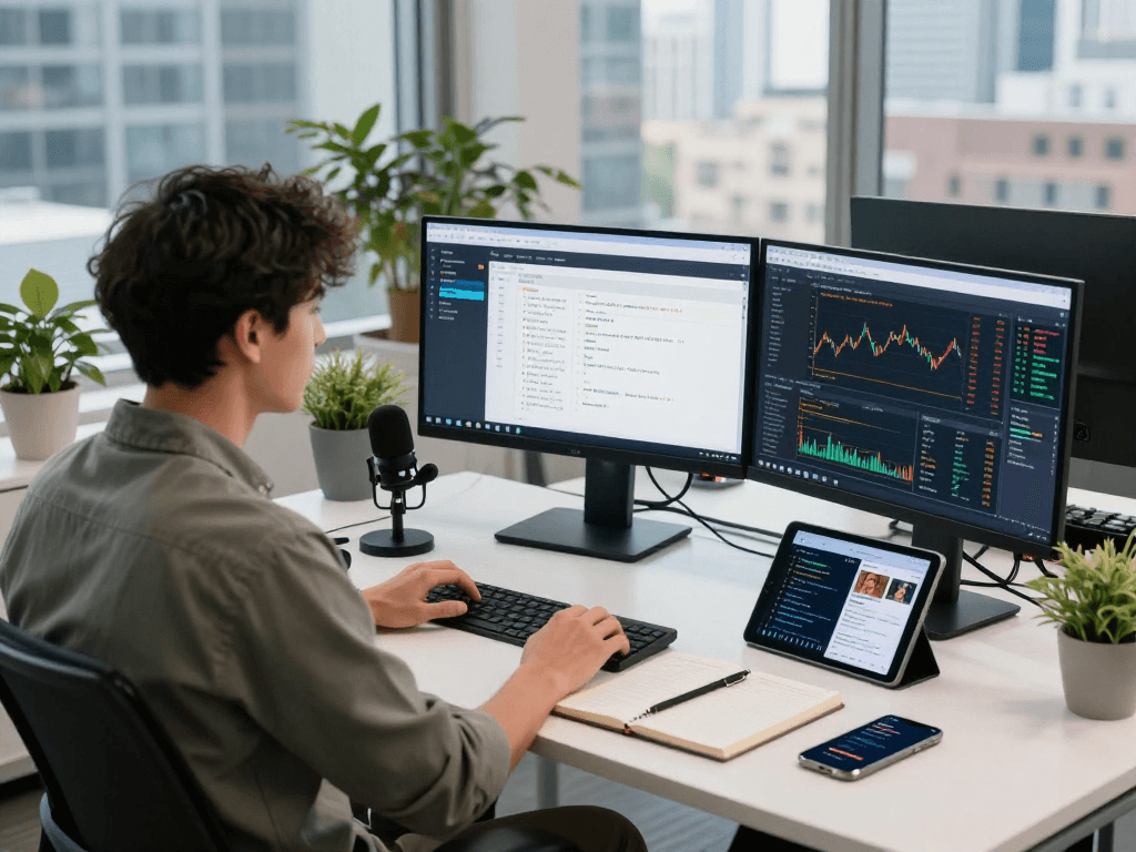 Developer using US stock WebSocket API in a modern workspace with real-time market data on screens.