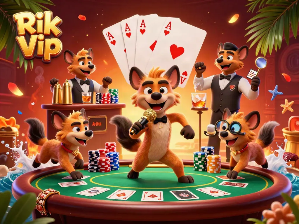 Experience the fun at Rik Vip Casino with animated hyenas and poker elements.
