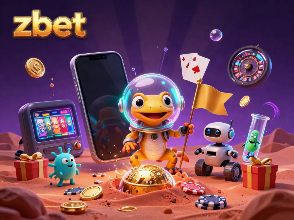 Visit zbet for gaming fun with a Martian gecko discovering buried gold in a lively casino.