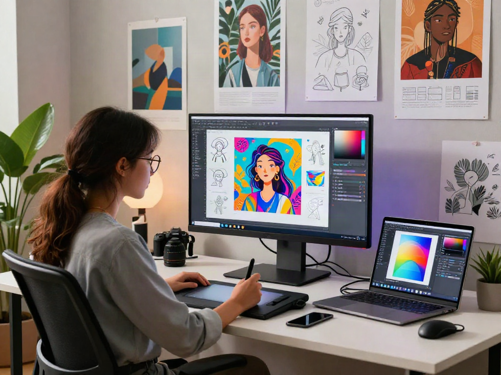 An engaging workspace with a designer using an AI image generator from image to create vibrant digital art