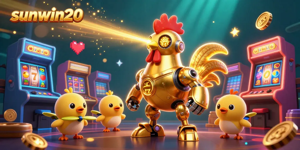 Experience the excitement of sunwin20 with a dynamic casino scene featuring a golden rooster robot and arcade elements.