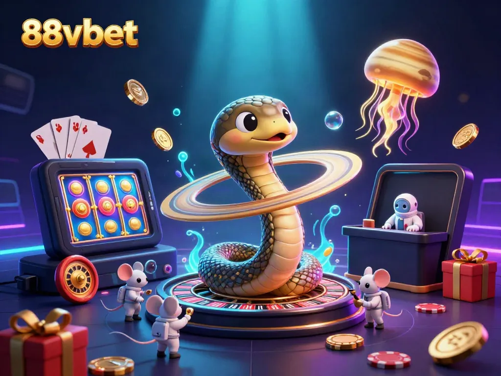 Engage with thrilling bets on 88vbet as astronaut mice wager on a roulette wheel made from Saturn's rings amidst cosmic excitement.