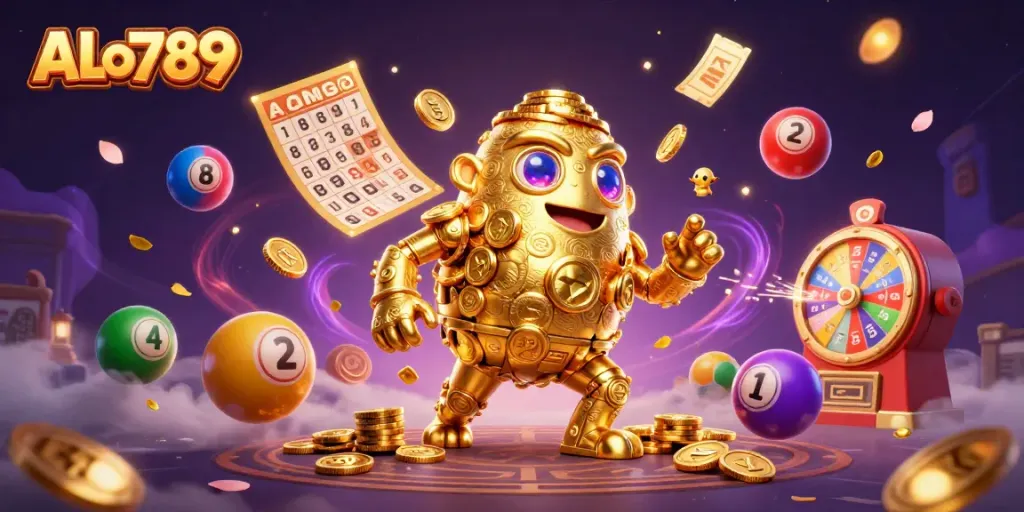 Experience the excitement of ALo789 with a 3D golden golem and vibrant gambling elements.