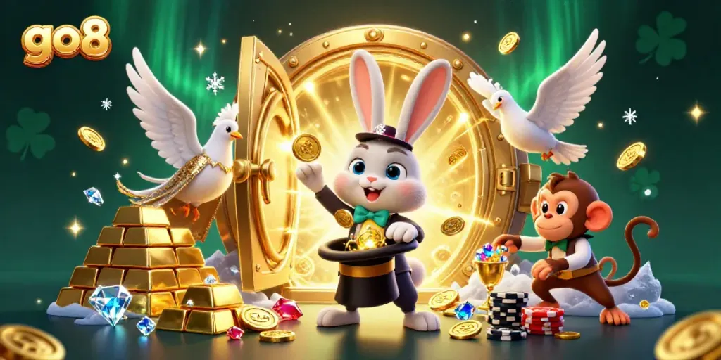 Participate in exciting wins with go8 while a magician rabbit pulls coins from a top hat in a vibrant casino scene.