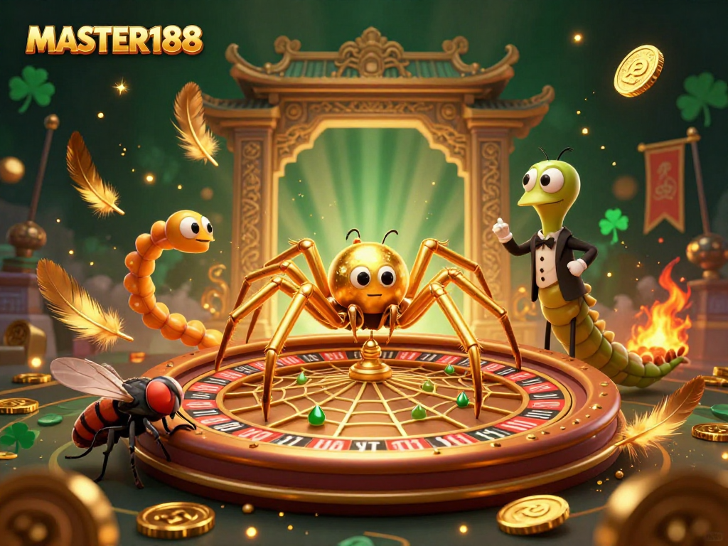 Engage with MASTER188's vibrant casino scene featuring a roulette wheel web and dynamic characters.