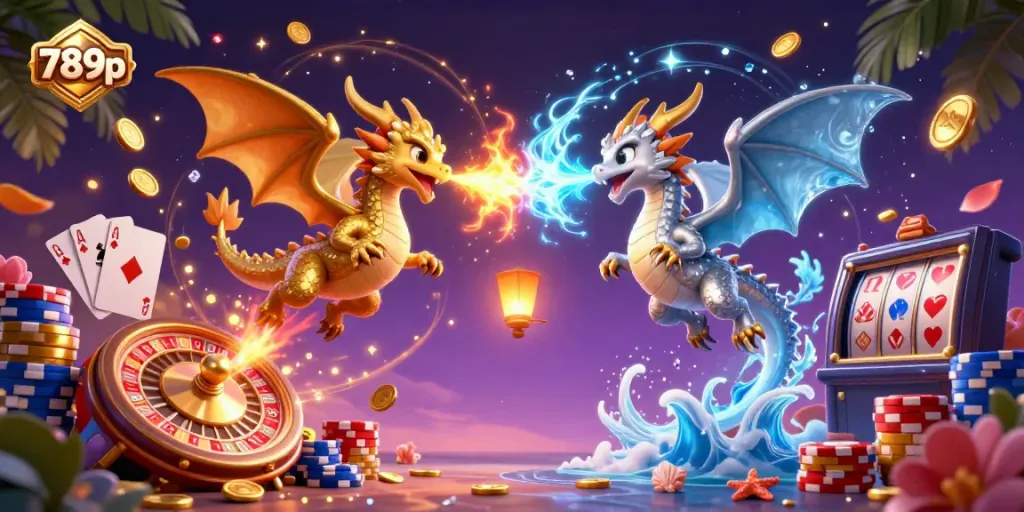 Engage with 789p's captivating dragon-themed casino experience, featuring floating coins and vibrant gameplay elements.
