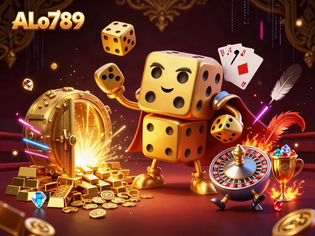 Engage in competitive cockfighting at ALo789 with dynamic golden dice characters and a treasure vault bursting with riches.