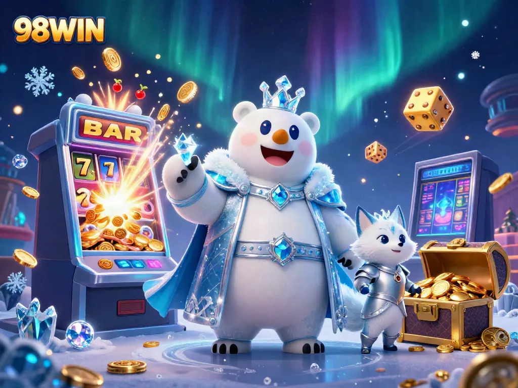 Engaging scene of the ice king polar bear and snow fox representing 98WIN in a vibrant casino atmosphere