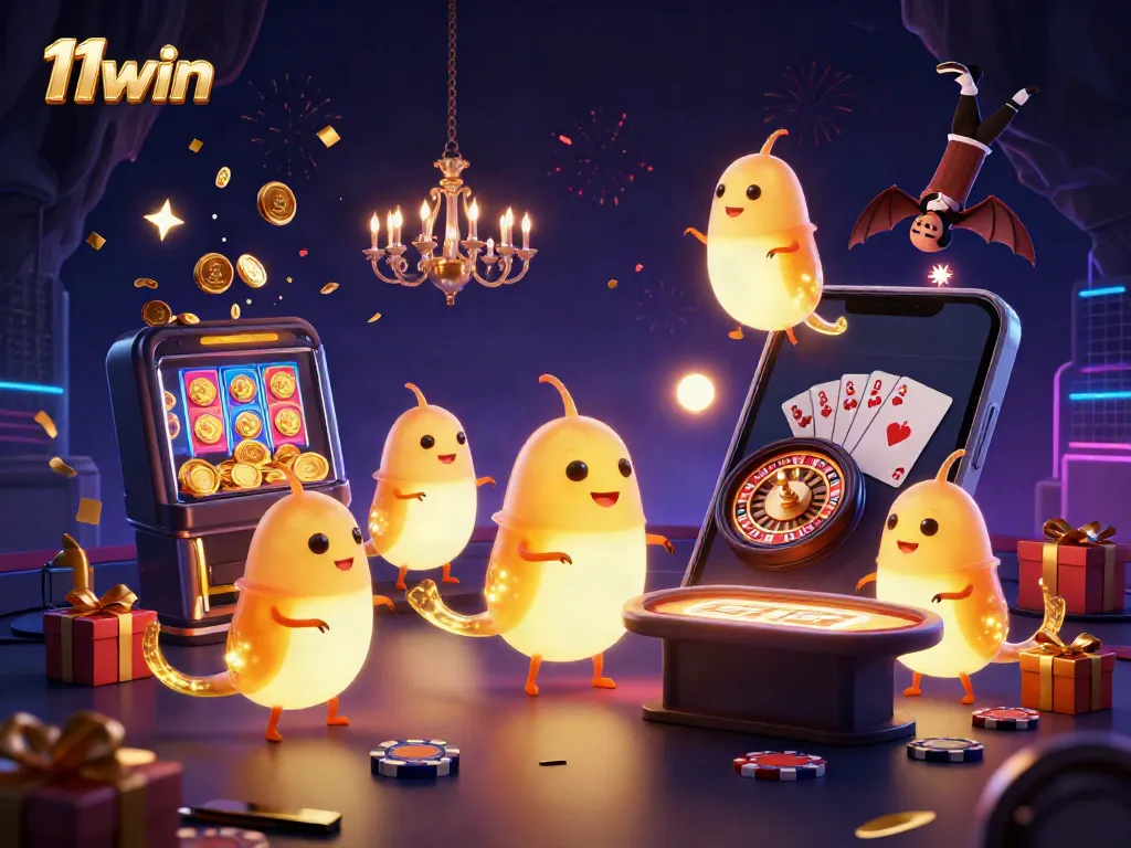 Experience the vibrant energy of 11win with glowing characters illuminating a dynamic casino scene.