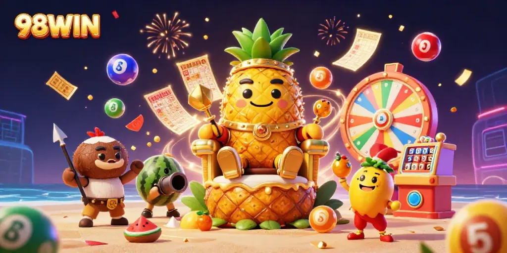 Join the fun at 98WIN, where a pineapple king rules a vibrant beach casino.