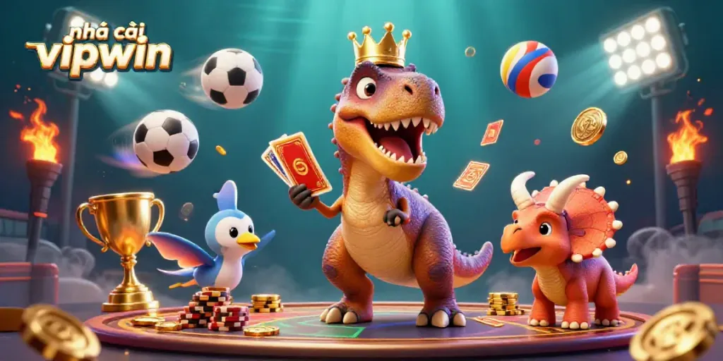 Engage with nhà cái vipwin's exciting gaming atmosphere, featuring a whimsical T-Rex and vibrant casino elements.