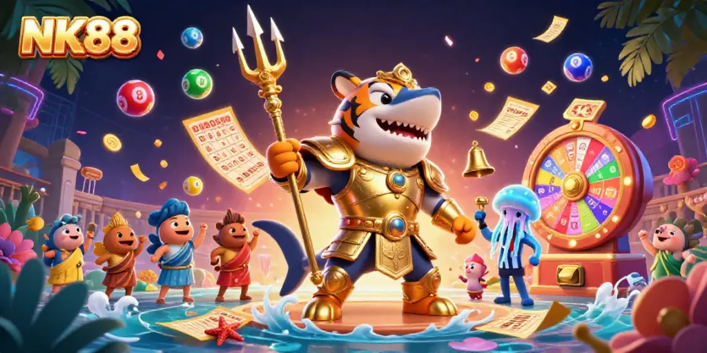 Engage with NK88 in a vibrant underwater casino scene featuring exciting gameplay elements and a competitive atmosphere.