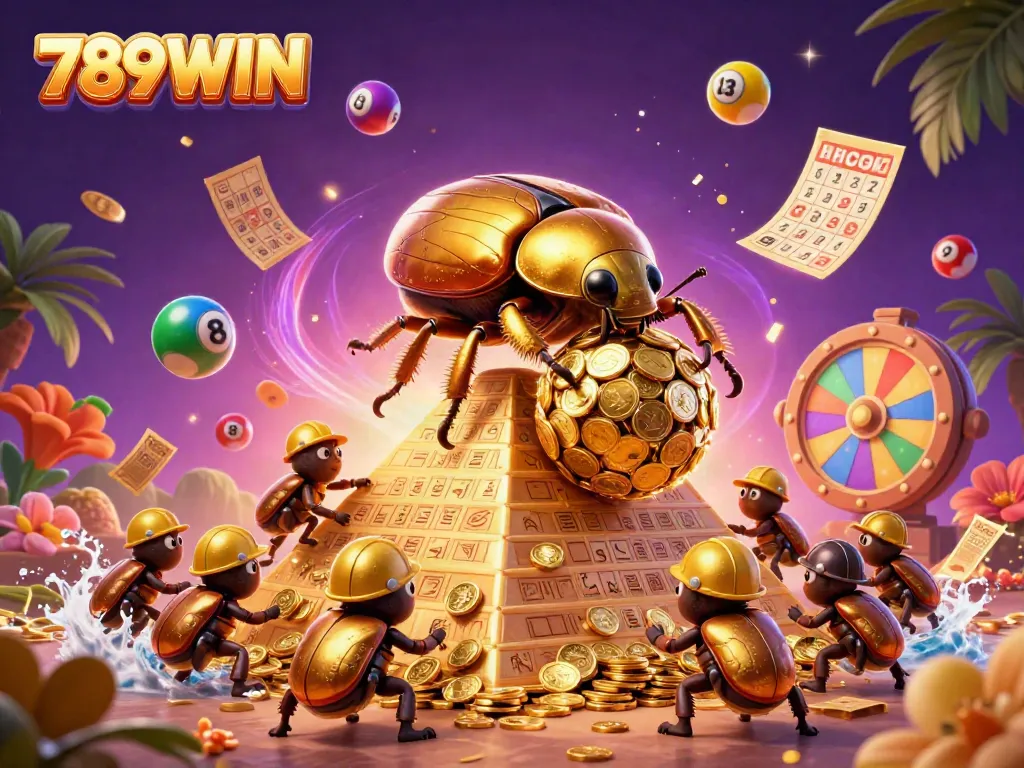 Immerse in the vibrant world of 789WIN, where a giant beetle leads the treasure hunt amidst lottery balls and prizes.
