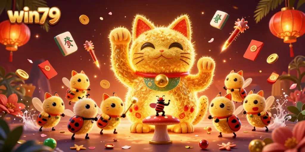 Engage with win79 gaming excitement through a dynamic 3D scene of a lucky cat and casino symbols.