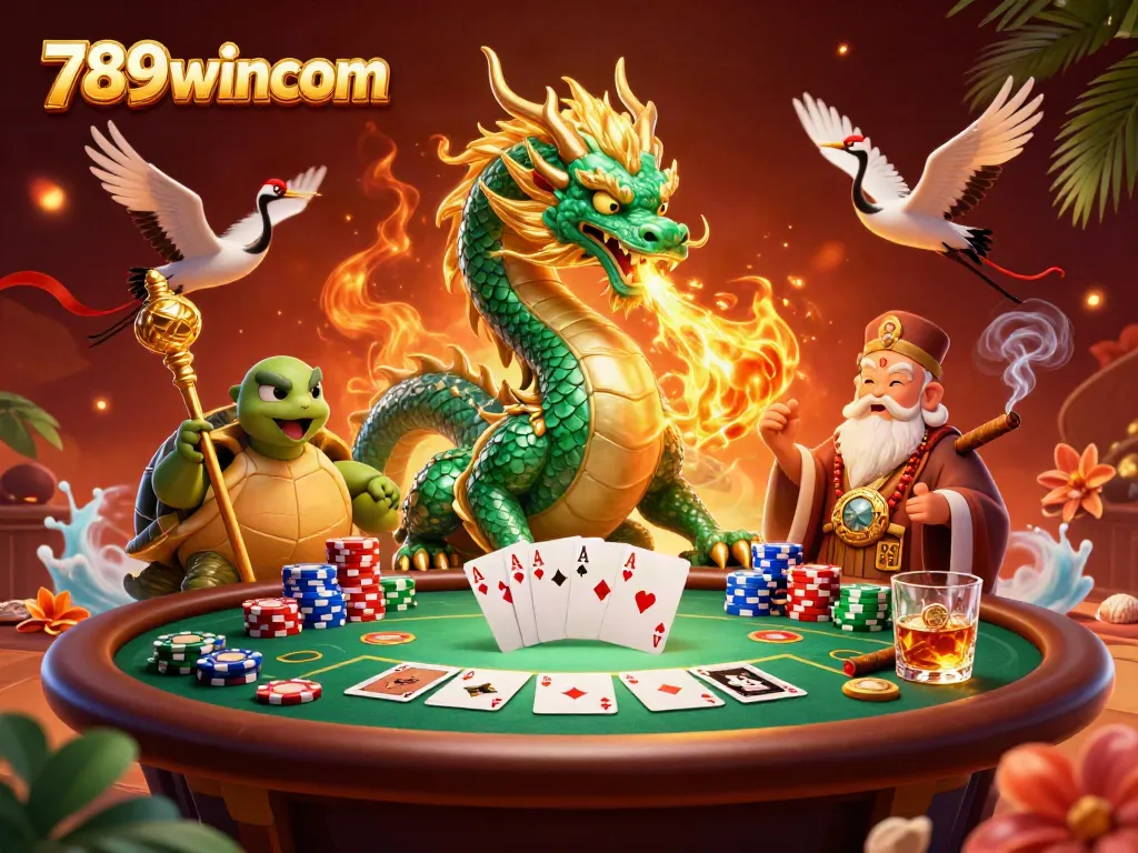 Win big with 789wincom in a vibrant, 3D casino scene featuring a jade dragon and poker elements.