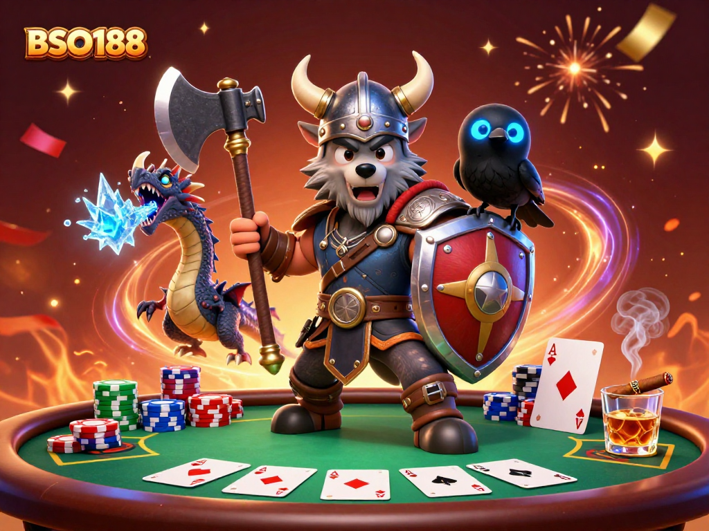 Engage with the thrilling realm of BSO188 as a Viking warrior faces off with a dragon and poker elements.