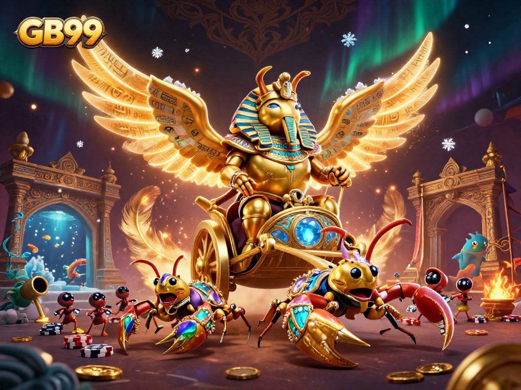 Engage with GB99's thrilling 3D gold scarab beetle and scorpion betting scene.