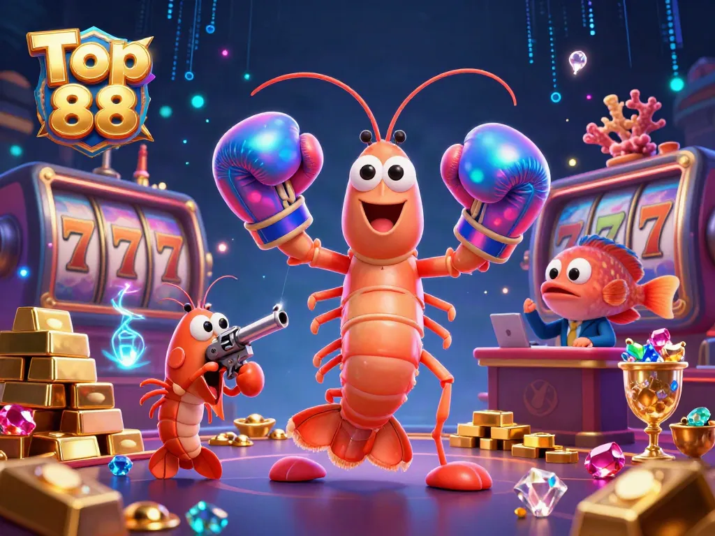 Experience gaming excitement at Top 88 with an engaging cartoon scene featuring vibrant slot elements and characters.
