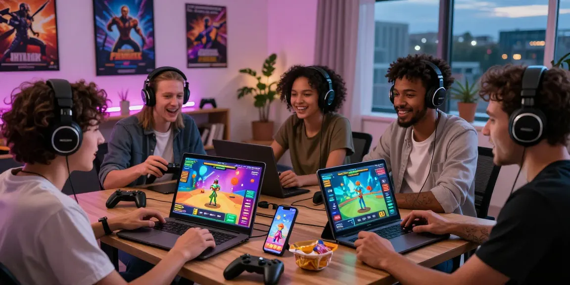 Engaged players enjoying HTML sex games on devices in vibrant gaming setup