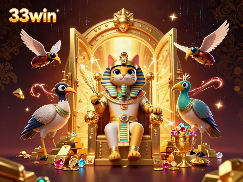Experience the dynamic world of 33win with pharaoh cat and treasures lighting up the scene.