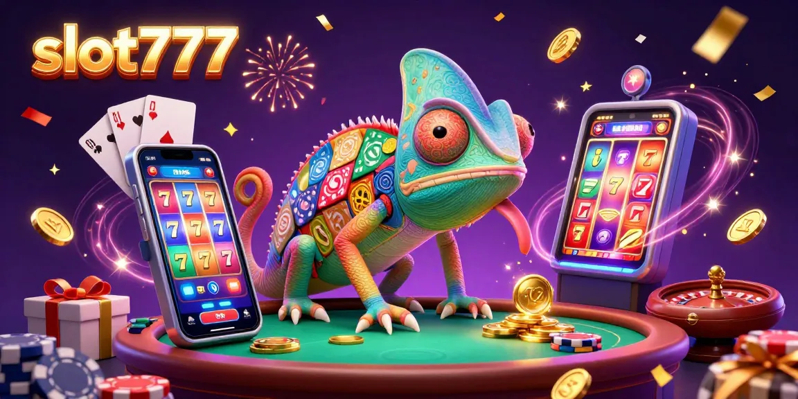 Engage with slot777's vibrant chameleon casino owner amidst a whirlwind of colorful slot machines and golden coins.