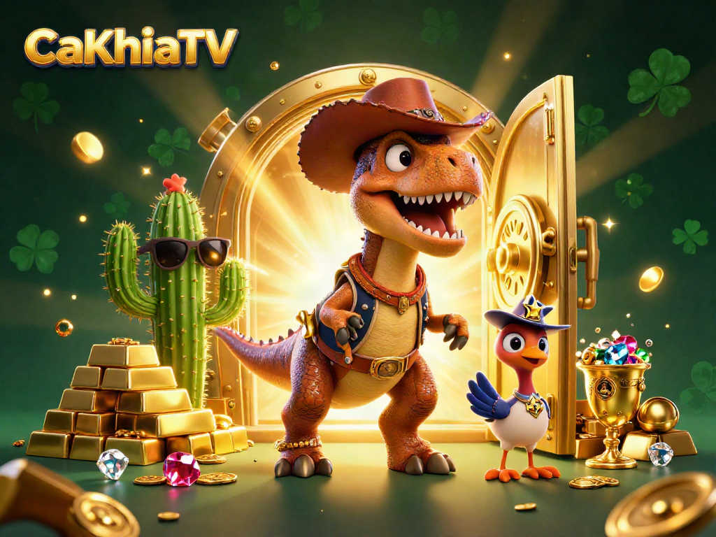 CaKhiaTV brings excitement with a 3D scene featuring a heroic dinosaur and treasures of gold.