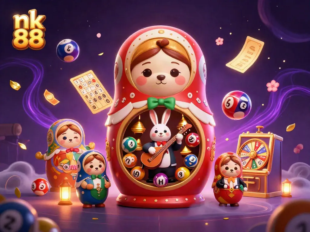Experience vibrant action at nk 88 with colorful lottery balls and dynamic casino characters.