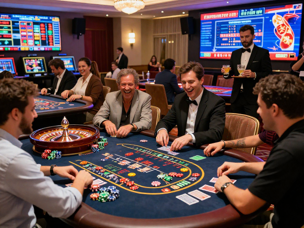 Giocatori entusiasti che partecipano a giochi di casinò non ADM in un ambiente elegante.