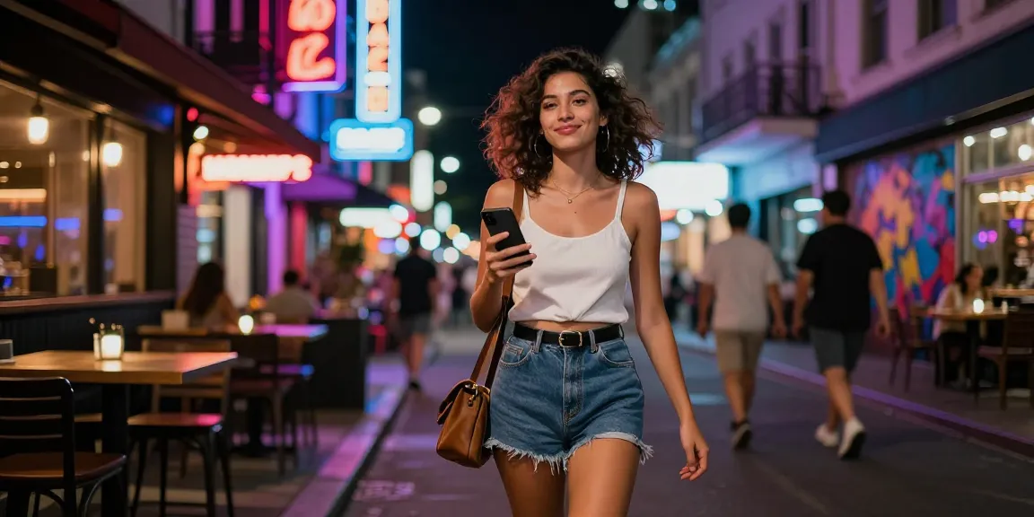 Gái gọi tự tin trong trang phục thời trang tại phố đêm sôi động, ánh đèn neon sáng rực.