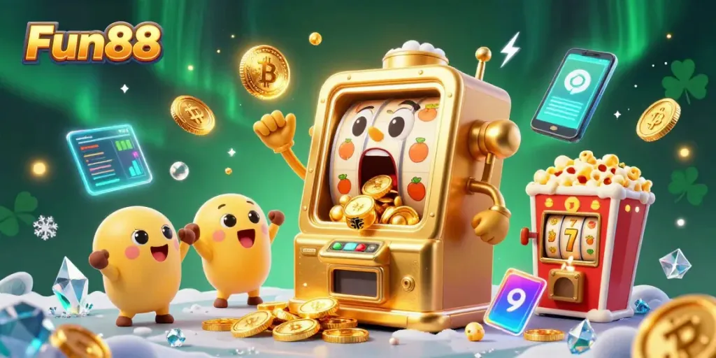 Fun88 jackpot win scene with golden slot machine pouring coins, celebrating the thrill of gambling.