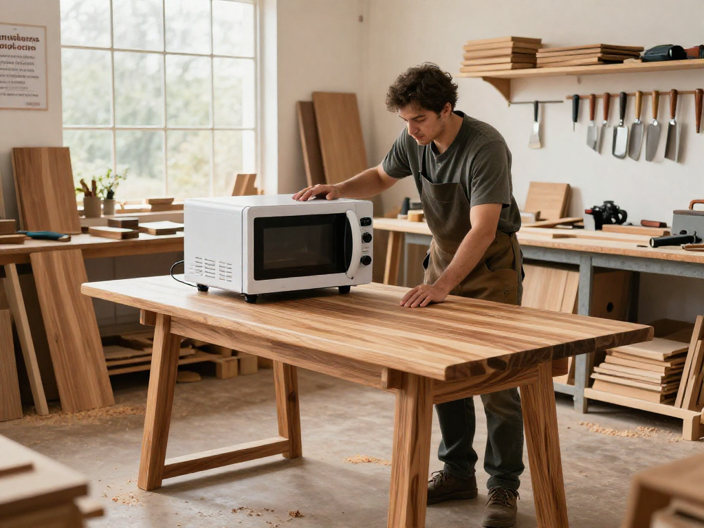 Shashel microwave equipment eliminating pests in a woodworking workshop.