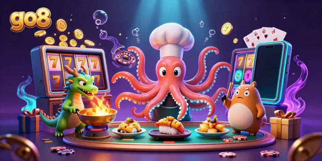 Spin to win in the vibrant go8 casino scene with an octopus chef and dragon companion.