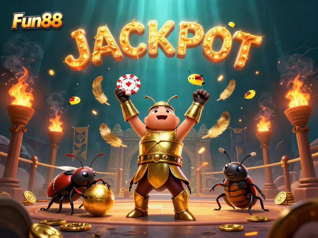 Experience fun with Fun88 as a heroic beetle celebrates a winning moment while surrounded by vibrant gambling elements.