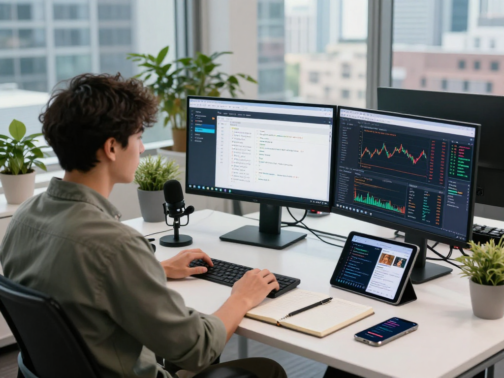 Developer using US stock WebSocket API in a modern workspace with real-time market data on screens.