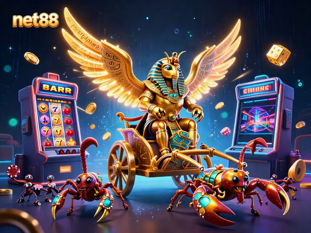 Experience thrilling casino action with net88 as 3D cartoony scarab and scorpions dominate the scene.