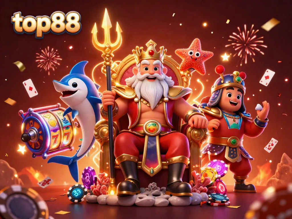 Experience the thrill of top88 with a vibrant casino scene featuring Neptune and exciting game elements.