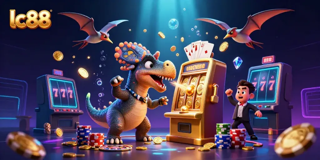 Experience the thrilling excitement of lc88 with a dinosaur headbutting a slot machine while coins fly everywhere in this vibrant casino scene.