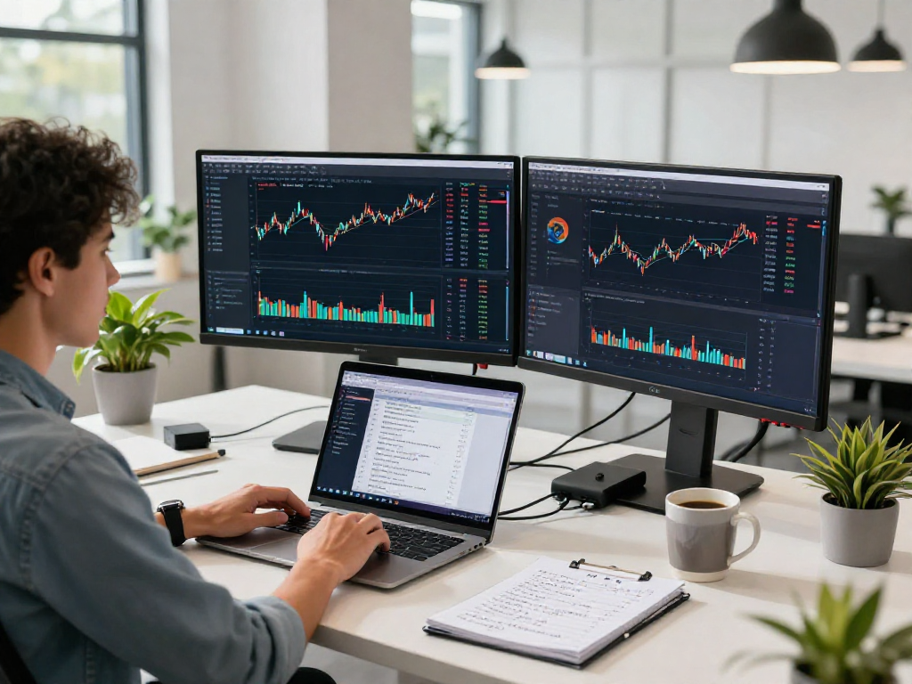 使用美股WebSocket推送接口进行实时数据分析的金融科技工作环境，程序员专注于市场数据。