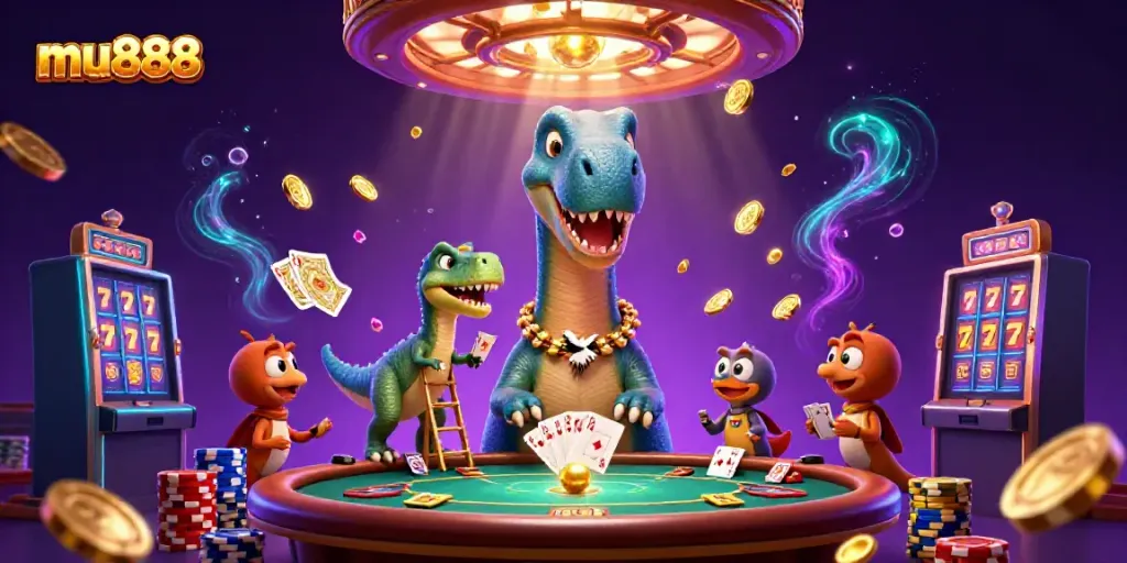 Experience thrilling games at mu888 with a playful dinosaur and clever dealer in a vibrant casino.