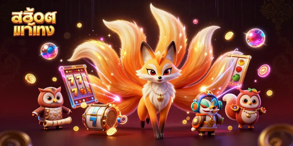 Engage with สล็อตแท้ตรง featuring colorful nine-tailed fox and magical owl among dynamic slot elements.