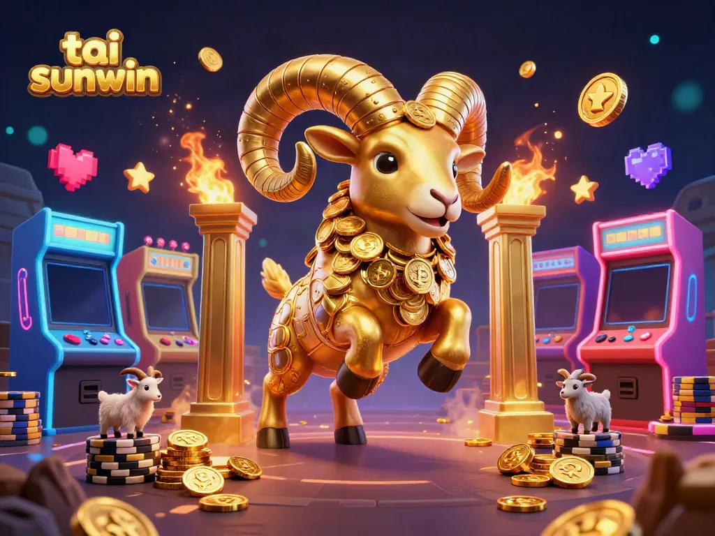 Experience the thrill of tai sunwin with this vibrant 3D illustration of a golden ram charging through a casino.