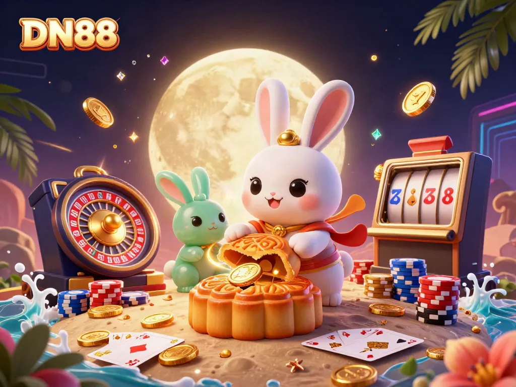 Win big with DN88, showcasing a festive scene of a moon rabbit and jade companion celebrating casino rewards.