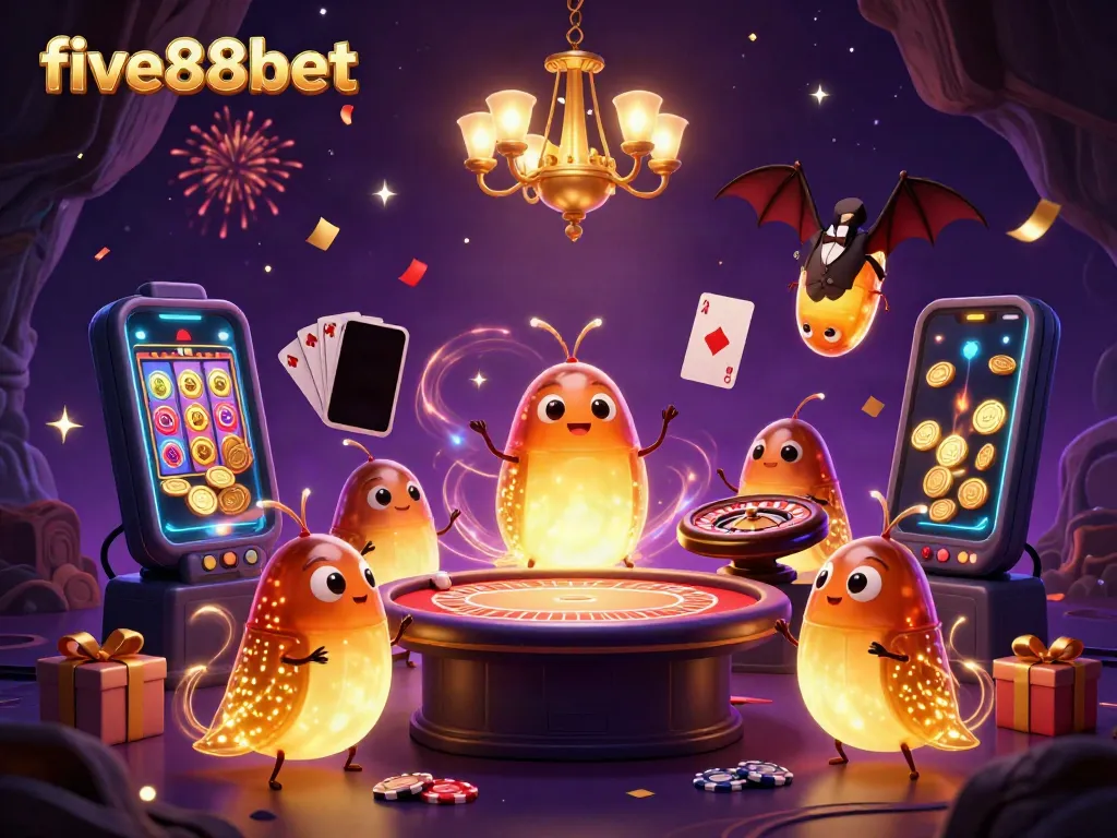 Experience the excitement of five88bet in a vibrant cave casino scene illuminated by glowing creatures.