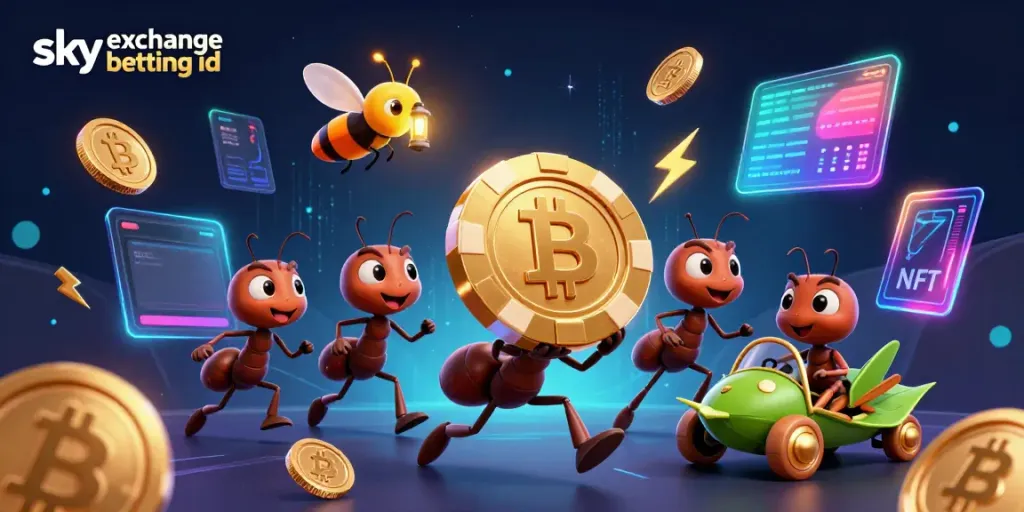 Team of cartoon ants on a heist carrying a golden poker chip, promoting sky exchange betting id.