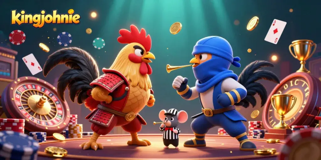 Engage in thrilling craps matches with kingjohnnie's dynamic 3D rooster duel amidst vibrant casino elements.
