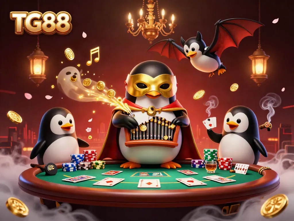 Join the excitement at TG88 with a vibrant scene featuring gaming elements and a whimsical phantom penguin.