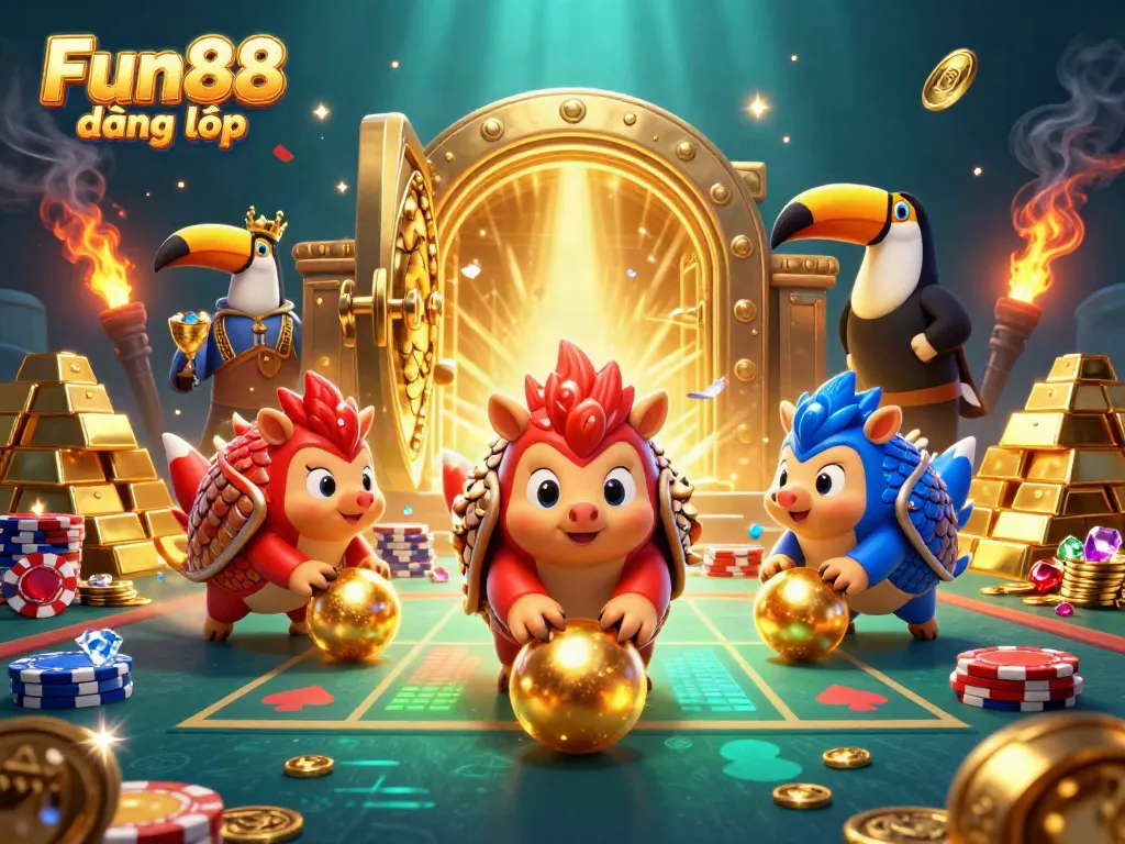 Experience Fun88 đăng nhập with rival pangolins in a vibrant 3D casino scene filled with treasures and excitement.