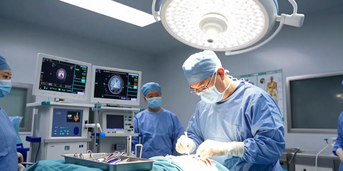Beyin ameliyatı in progress, showcasing a skilled surgical team in a high-tech operating room.