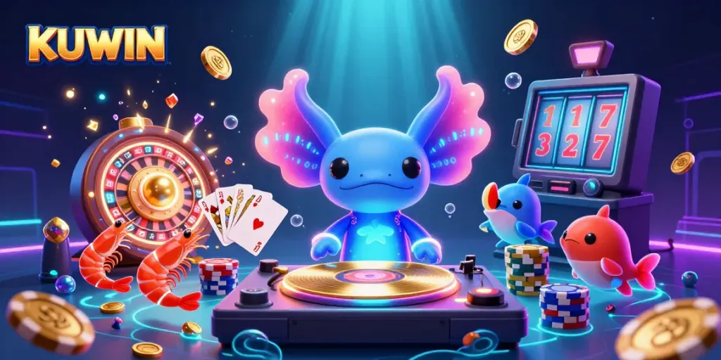 Join the vibrant KUWIN casino experience with a neon axolotl DJ, surrounded by dazzling game elements.