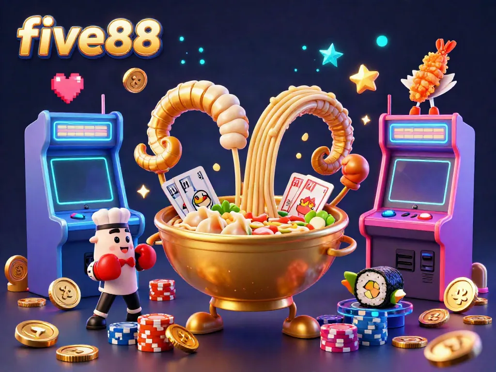 Bet on excitement with five88, featuring a playful casino scene full of vibrant characters and games.
